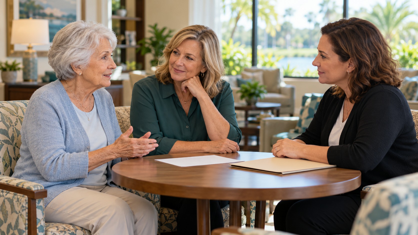 An older mother and her adult daughter discuss care options with a community staff member in a welcoming senior-living common room.