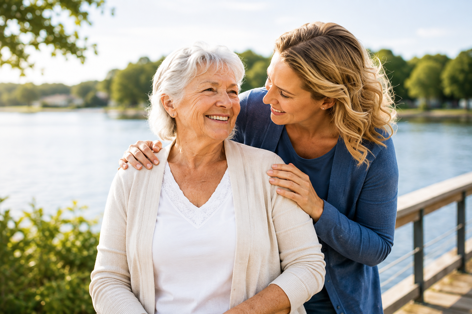 An older woman and her daughter sharing a warm moment beside the water
