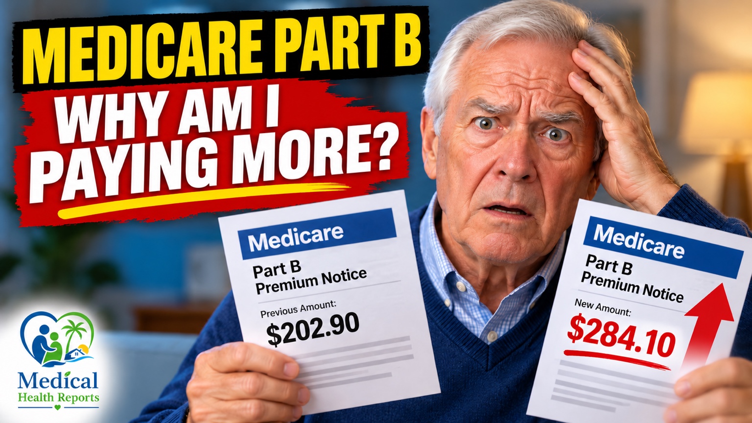 Older man holding two illustrative Medicare Part B premium notices beside the words Why Am I Paying More? and the Medical Health Reports logo