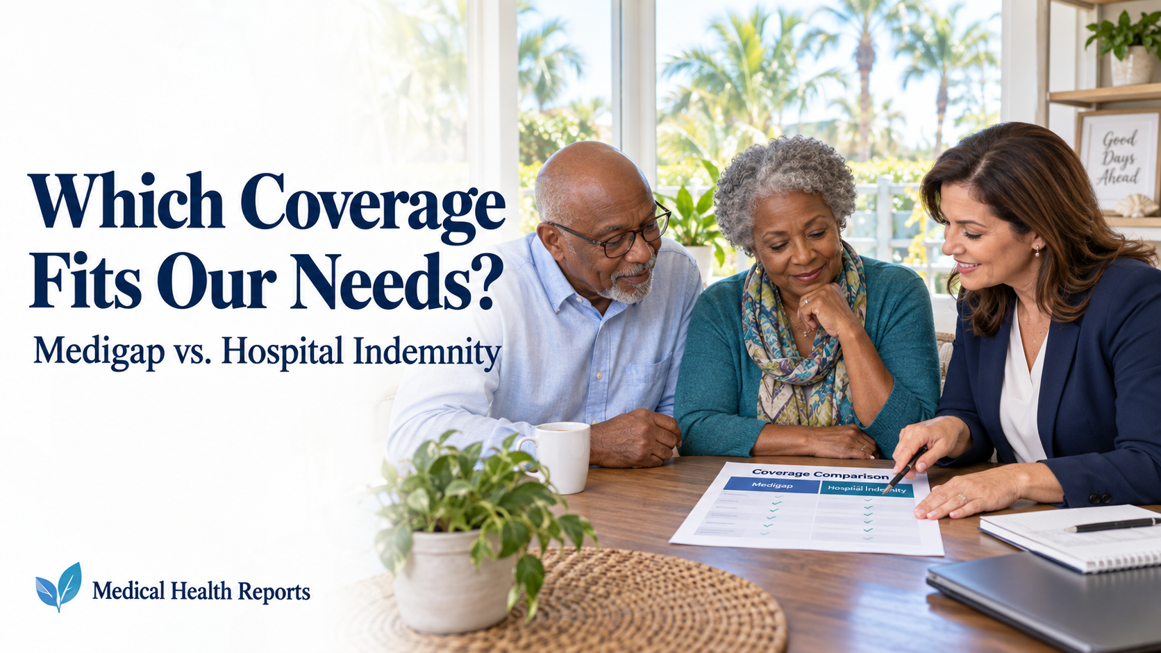 Older Central Florida couple comparing Medigap and hospital indemnity insurance with a counselor