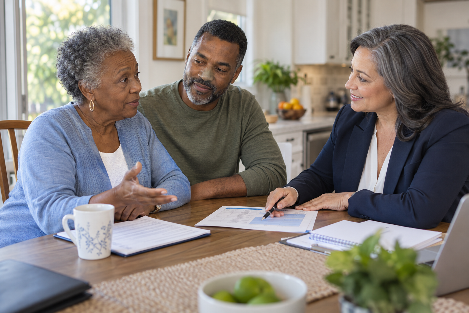 Older Central Florida woman and her adult son asking a Medicare advisor questions at a kitchen table