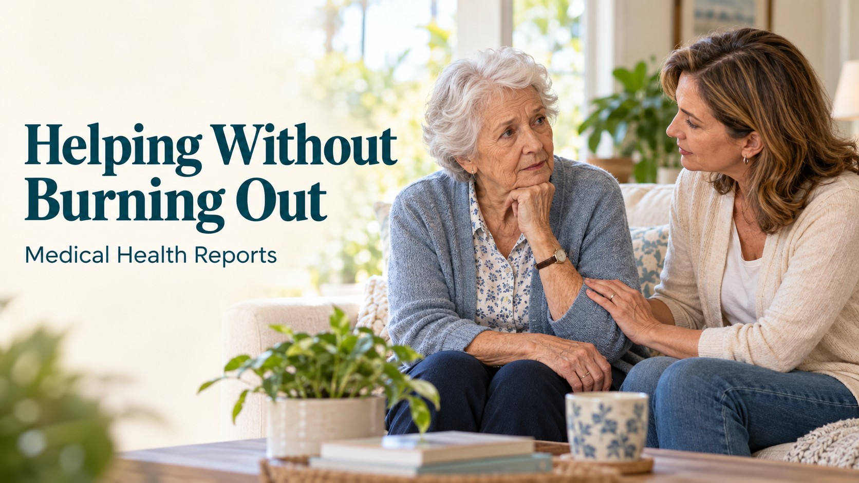 An older mother and adult daughter talking at home, with the words Helping Without Burning Out.